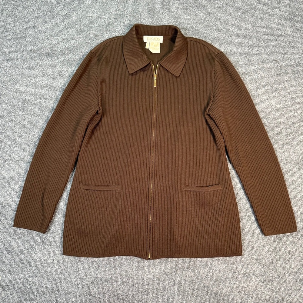 Escada Margaretha Ley Brown Ribbed 100% Virgin Wool Full Zip Cardigan Sweater M